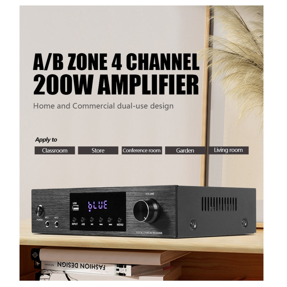 CDD 2.0 Ch. Amplifier RMS 200W (50Wx4), Bluetooth, Phono, DAC, CD, AUX, USB, FM, Optical, Coaxial, 2 MIC, Sub Out