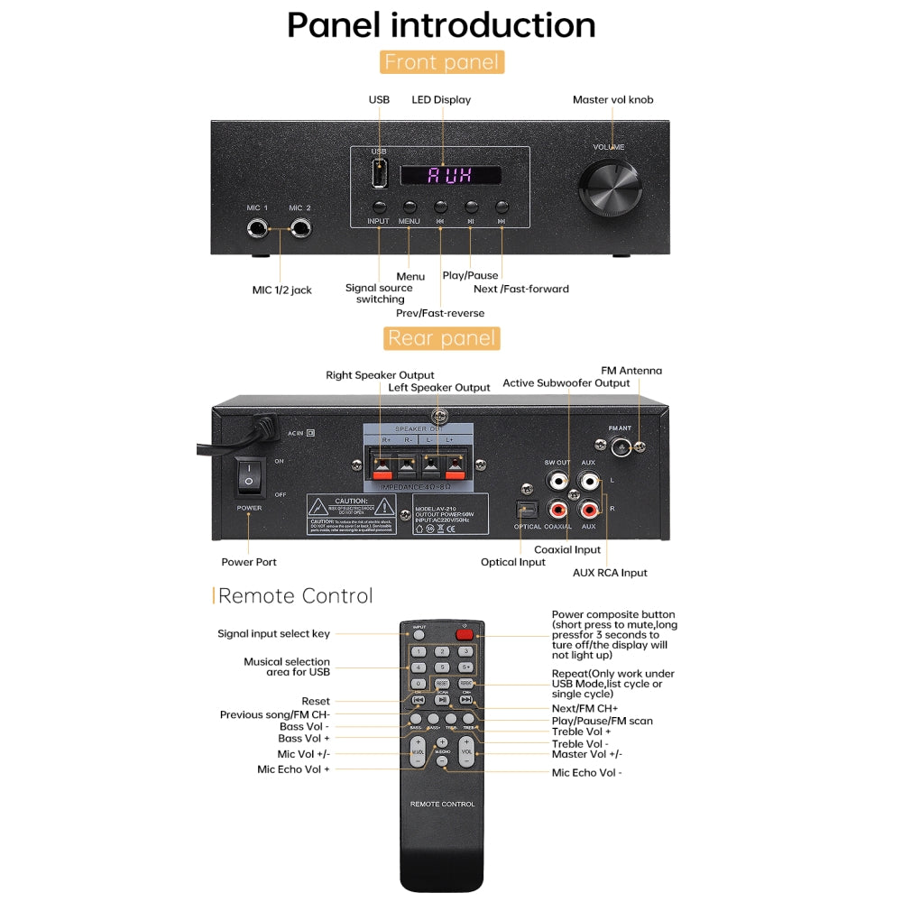 CDD 2.0 Ch. Amplifier RMS 60W (30Wx2), Bluetooth, USB, CD, AUX, Optical, Coaxial, DSP, FM, 2 MIC, Sub Out