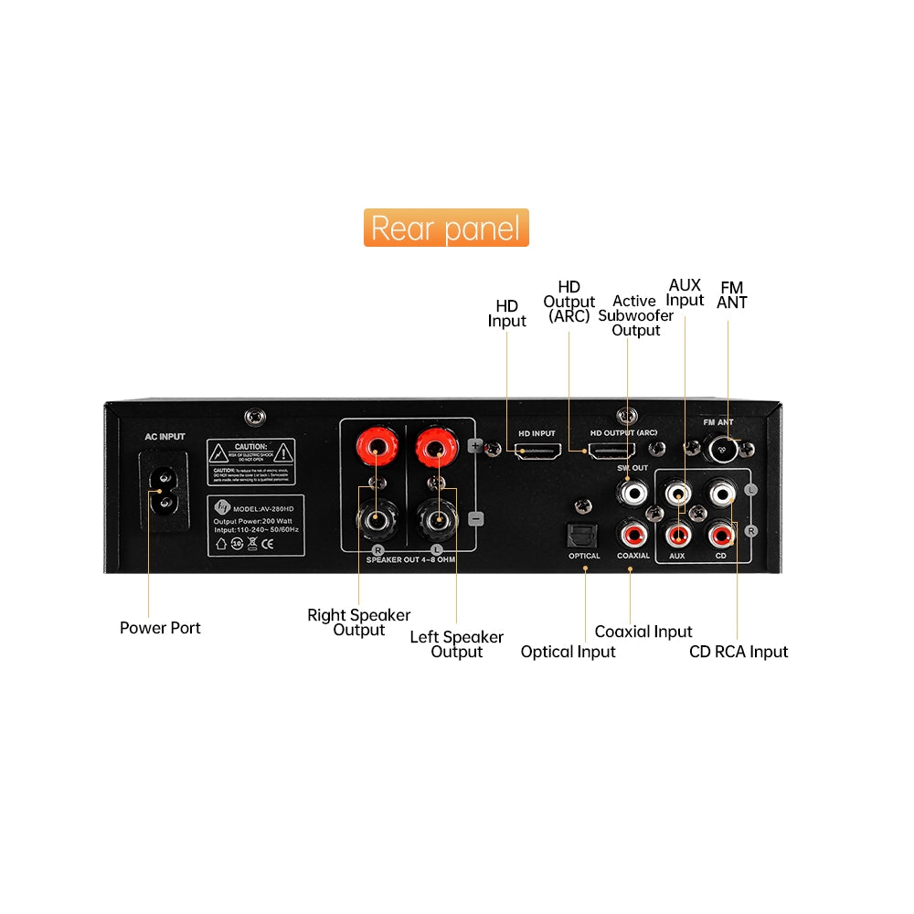 CDD 2.0 Ch. Amplifier RMS 200W (100Wx2), Bluetooth, HDMI In/HDMI Out, ARC, USB, CD, AUX, Optical, Coaxial, 2 MIC, Phone, Sub Out