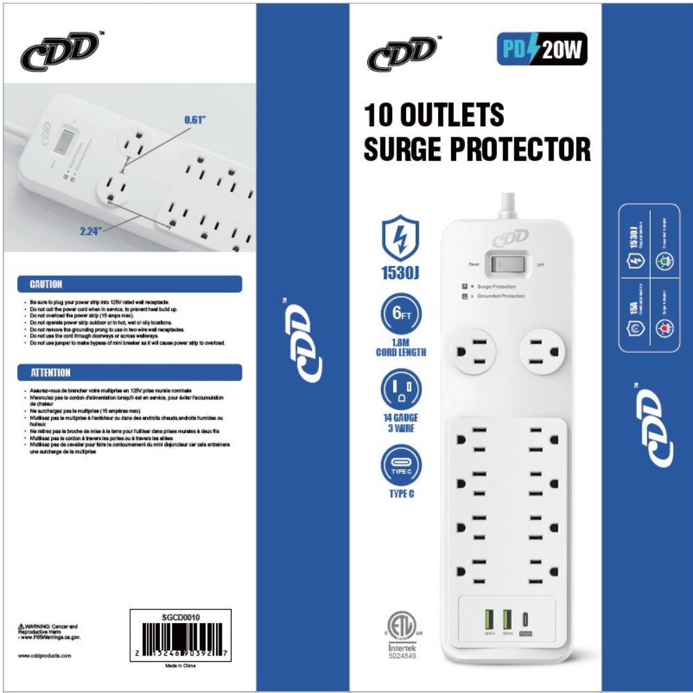 CDD 10 Outlets Surge Protector with USB Charging (2 USB-A & 1 USB-C), 14AWG/3C, cETL Certified, 6 Ft Cord