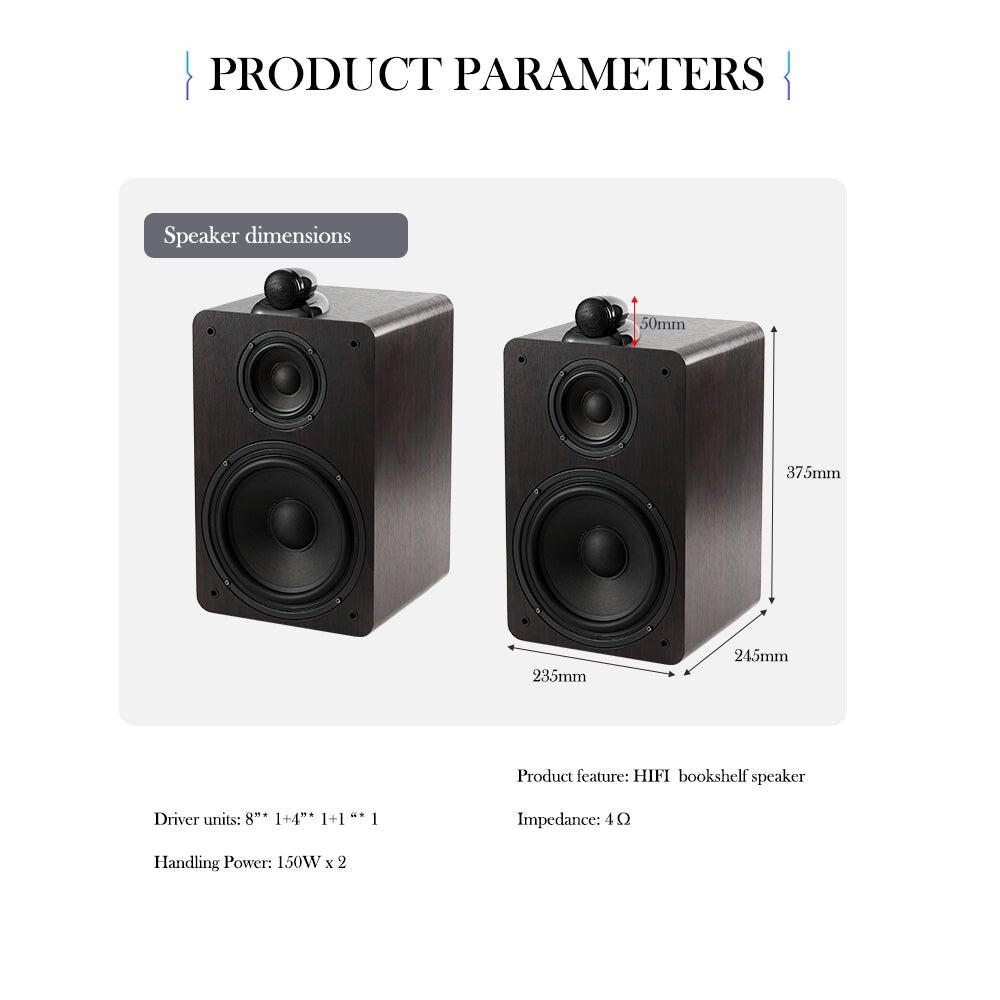 CDD Bookshelf Speakers 8-Inch Bass Driver, 300 Watts, 3-Way Crossover, Wood, Black (Pair)