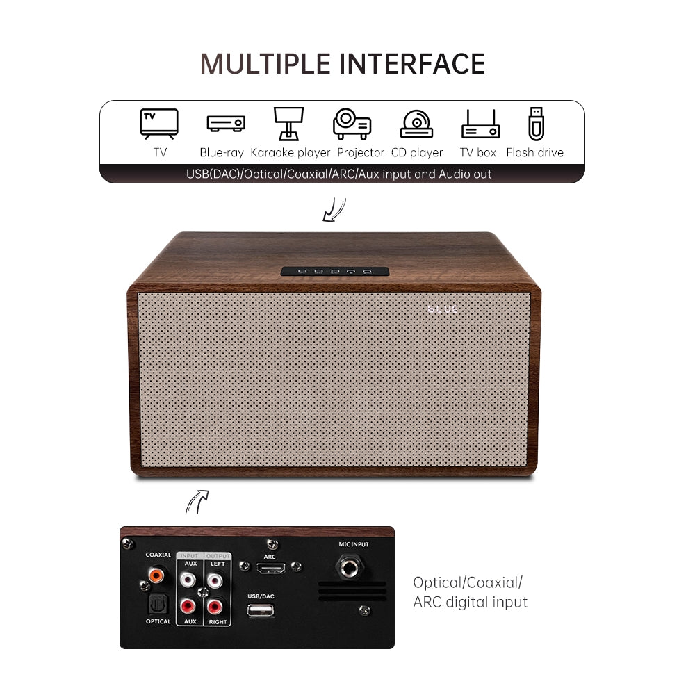 CDD Bluetooth Speaker 2.1 Ch. 200 Watts RMS, USB (DAC), Karaoke, Optical, Coaxial, ARC Input (PCM), 2 UHF Mic.